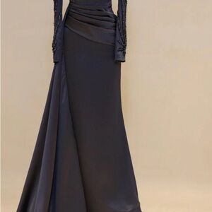 Black Long Satin Evening Gown New with tags side tail detail along skirt
